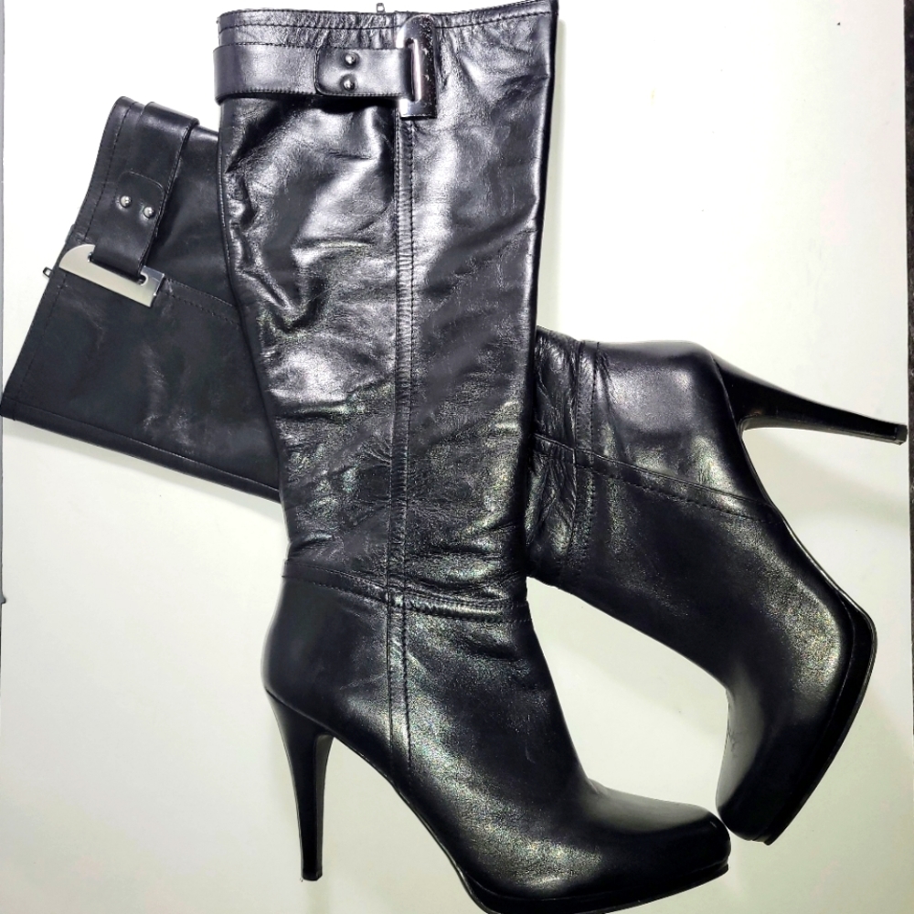 NINE WEST Redyornoto Leather HEELED BOOTS IN Black SIZE 11M
